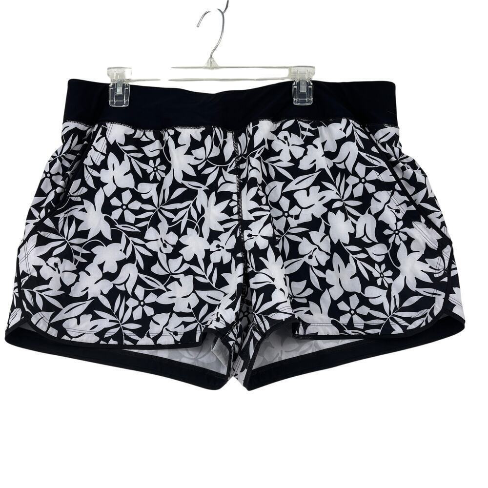 Lands End Swim Shorts Size 18 Black White Havana Floral Brief Lining Pockets